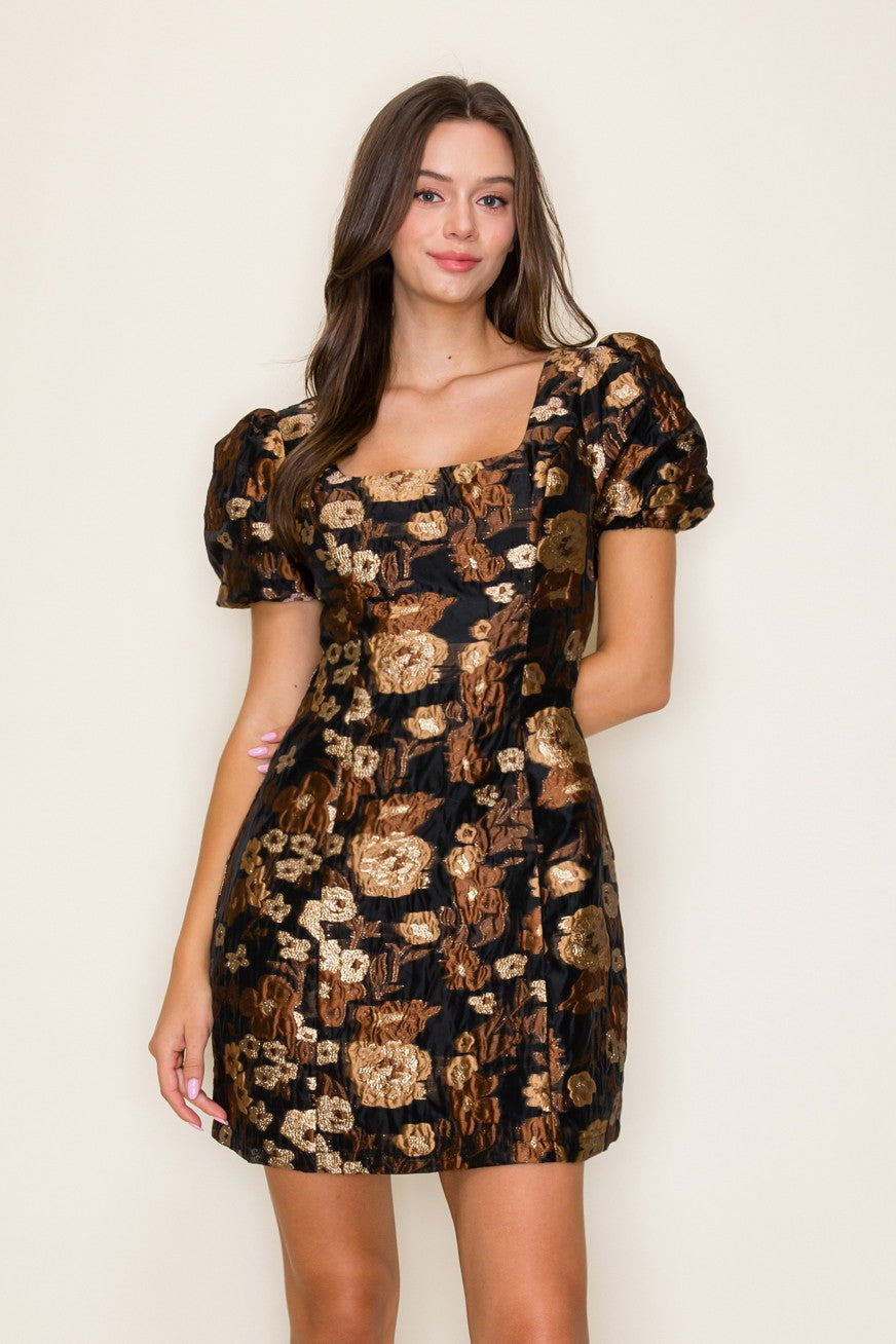 Black/Brown Floral Jacquard Puff Sleeve Back Bow Mini Dress – Sofi