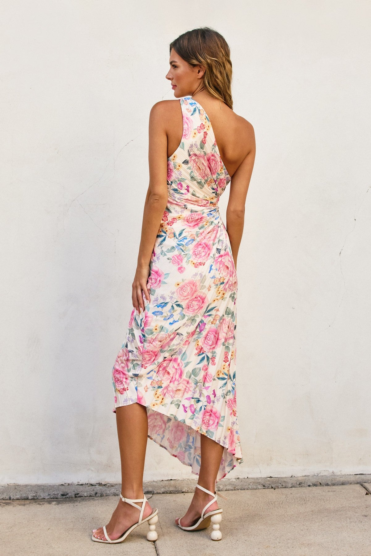 print asymmetric hem pleated maxi dress PREORDER One Shoulder Asymmetrical Pleated Maxi Dress