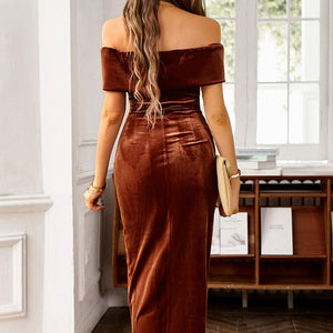 Brown Off Shoulder Ruched Fit Solid Velvet Dress