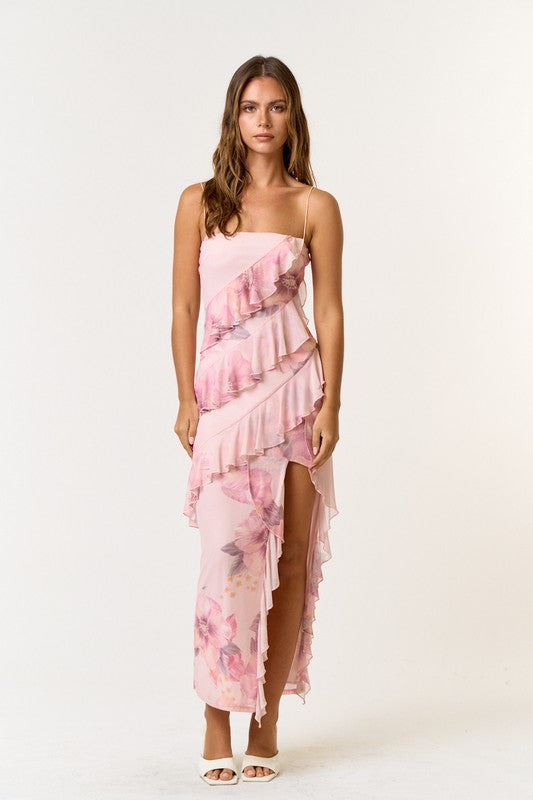 FLORAL PRINT MESH ASYMMETRIC RUFFLE MAXI DRESS Sofi Stella Women's & Children's Boutique FLORAL PRINT MESH ASYMMETRIC RUFFLE MAXI DRESS Sofi Stella Women's & Children's Boutique