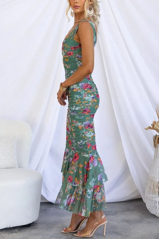 Green Floral Ruched Mesh Dress – Sofi Stella Women's & Children's Boutique
