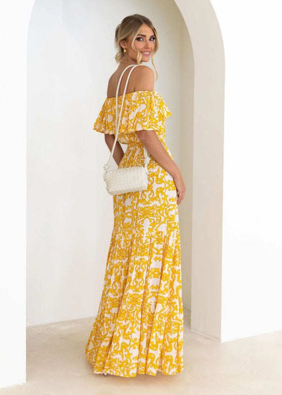 yellow off shoulder dress with floral design Yellow Off Shoulder Maxi Dress – Sofi Stella Women's & Children's Boutique