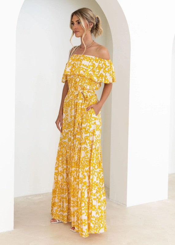 chinese dress ladies Yellow Off Shoulder Maxi Dress