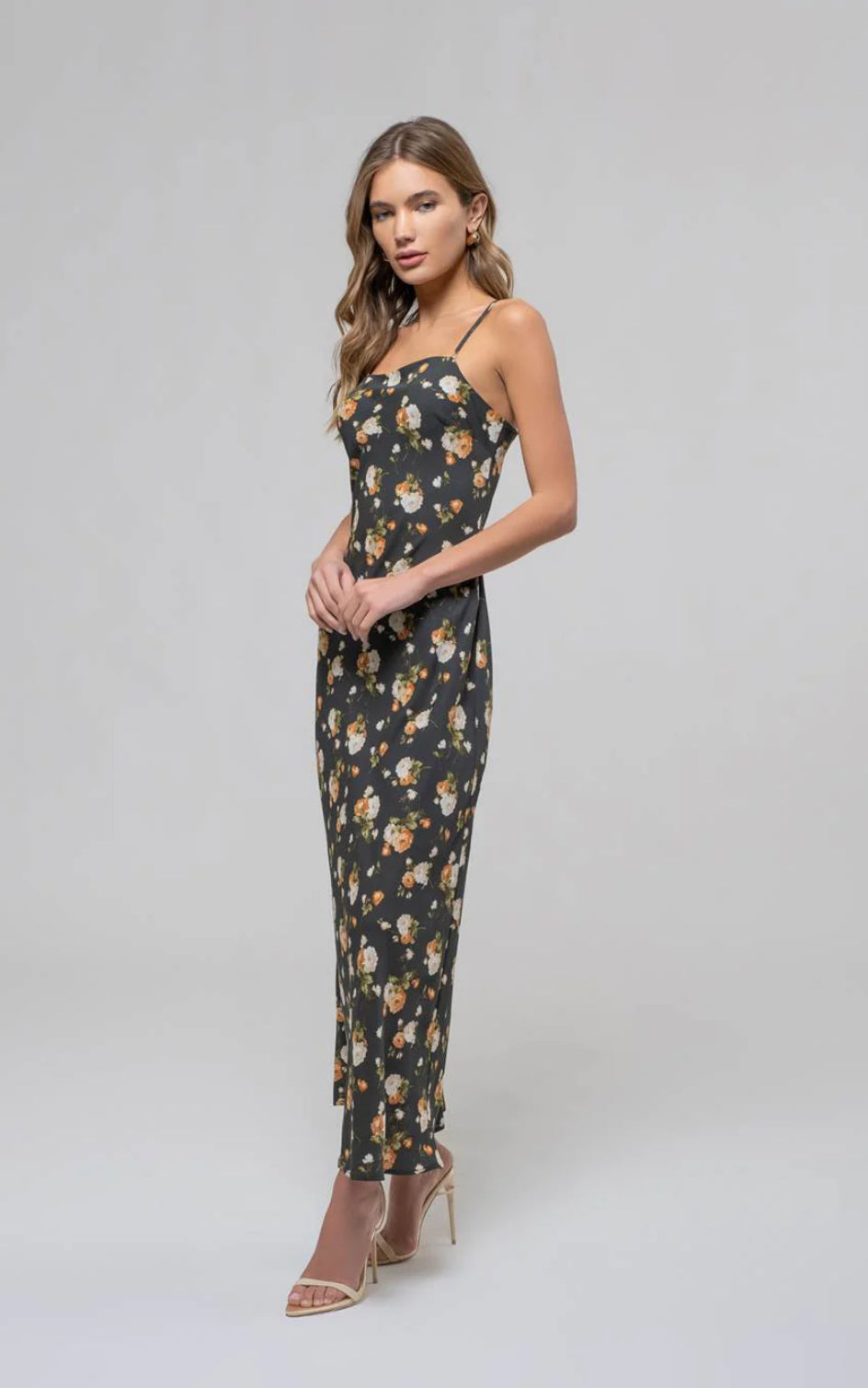 knee length dresses for ladies Lovelo Cream Floral Sweetheart Neck Midi Sundress main image 0