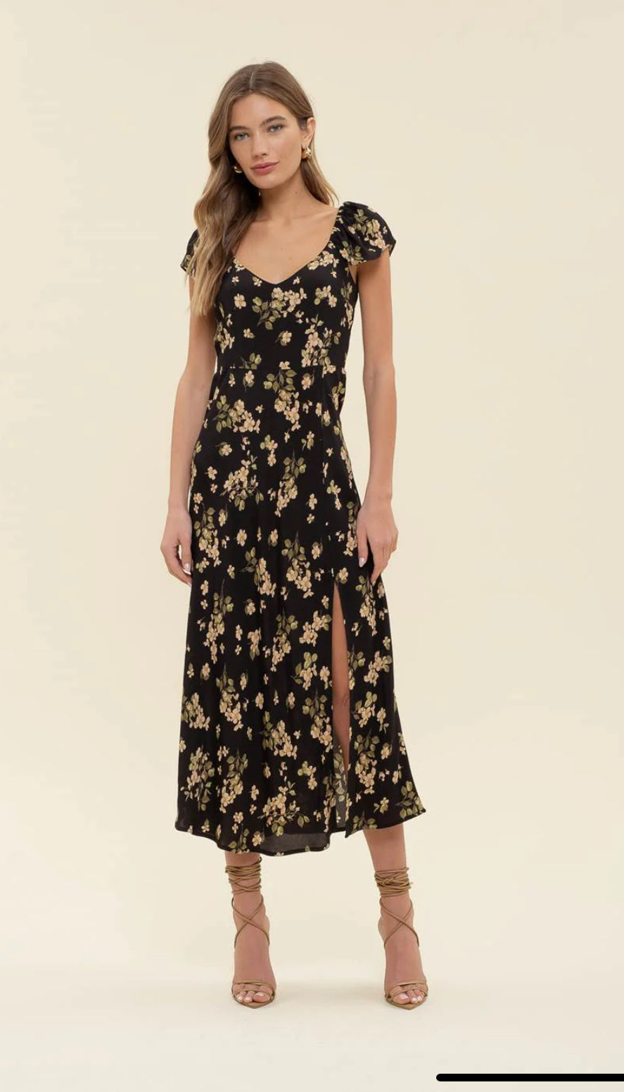 BLACK FLORAL V NECK RUFFLE SLEEVE SIDE SLIT MIDI DRESS – Sofi Stella  Women's & Children's Boutique