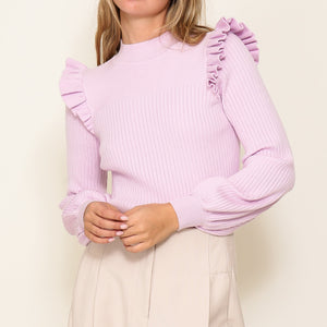 Lavender shoulder ruffle ribbed knit sweater