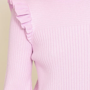 Lavender shoulder ruffle ribbed knit sweater