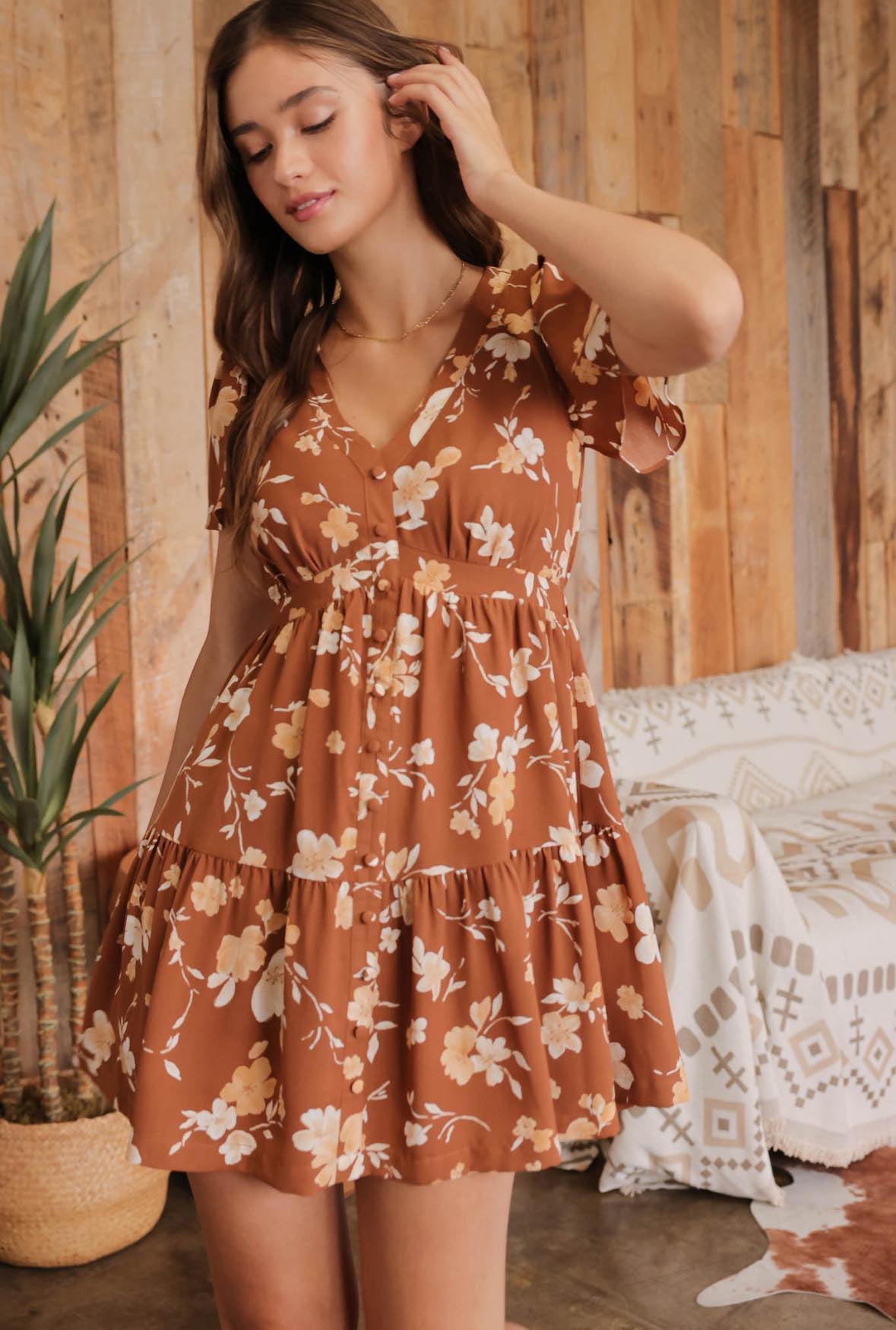 brown floral dress BROWN FLORAL MINI DRESS – Sofi Stella Women's & Children's Boutique