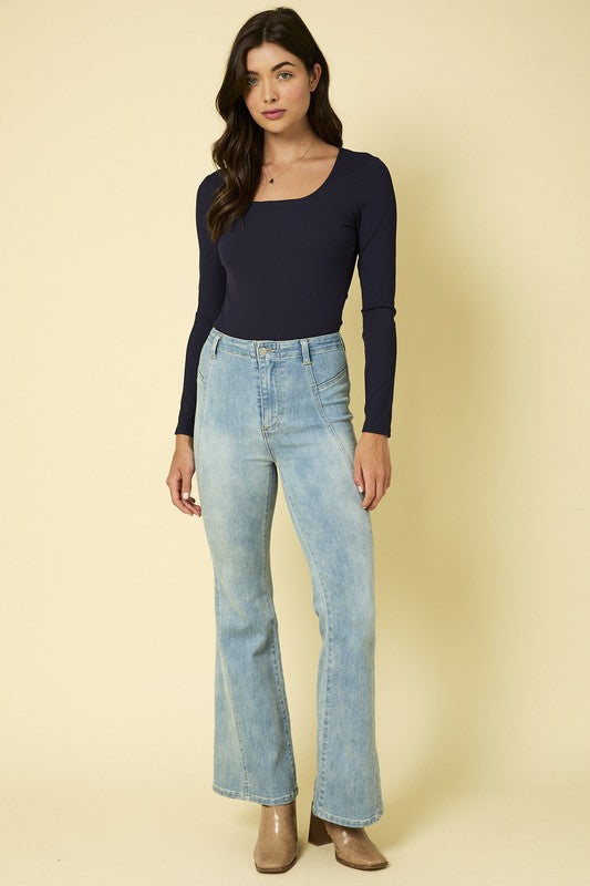 LONG SLEEVE SQUARE NECK BODYSUIT, 2 Colors, Navy & Stone
