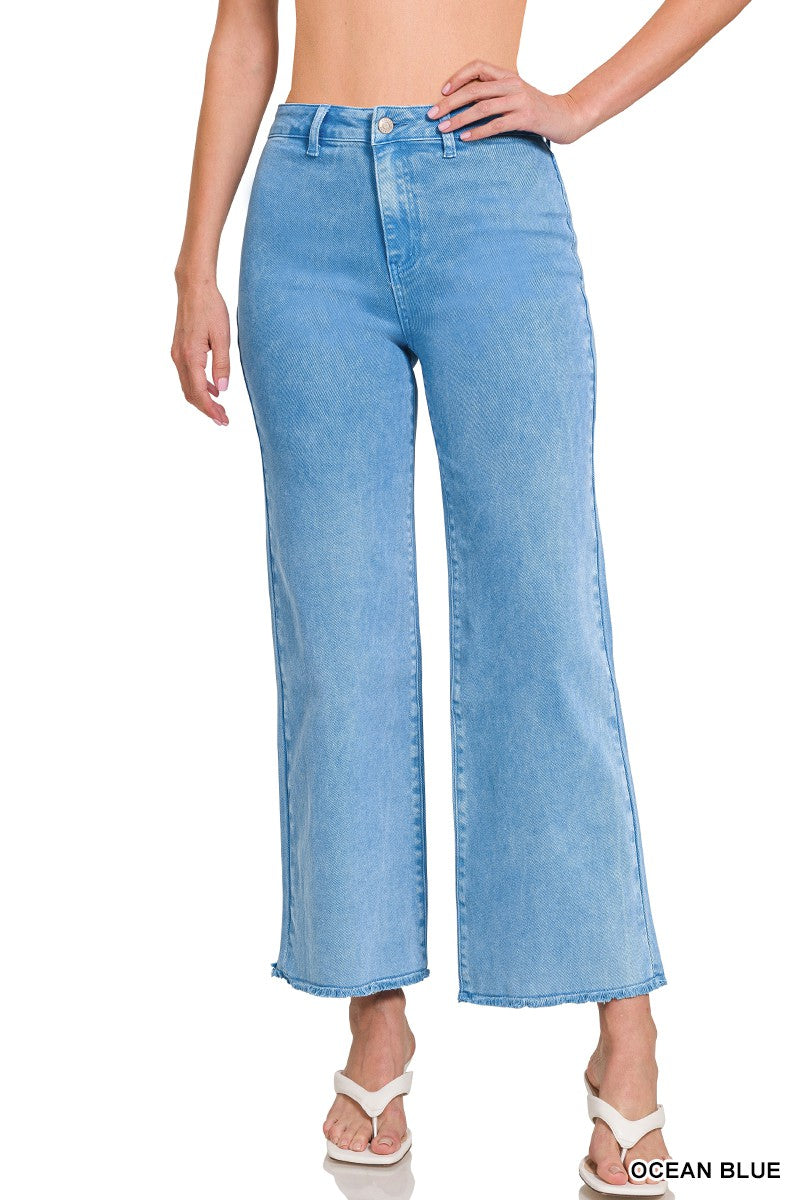 Acid Washed Frayed Cutoff Hem Straight Wide Pants