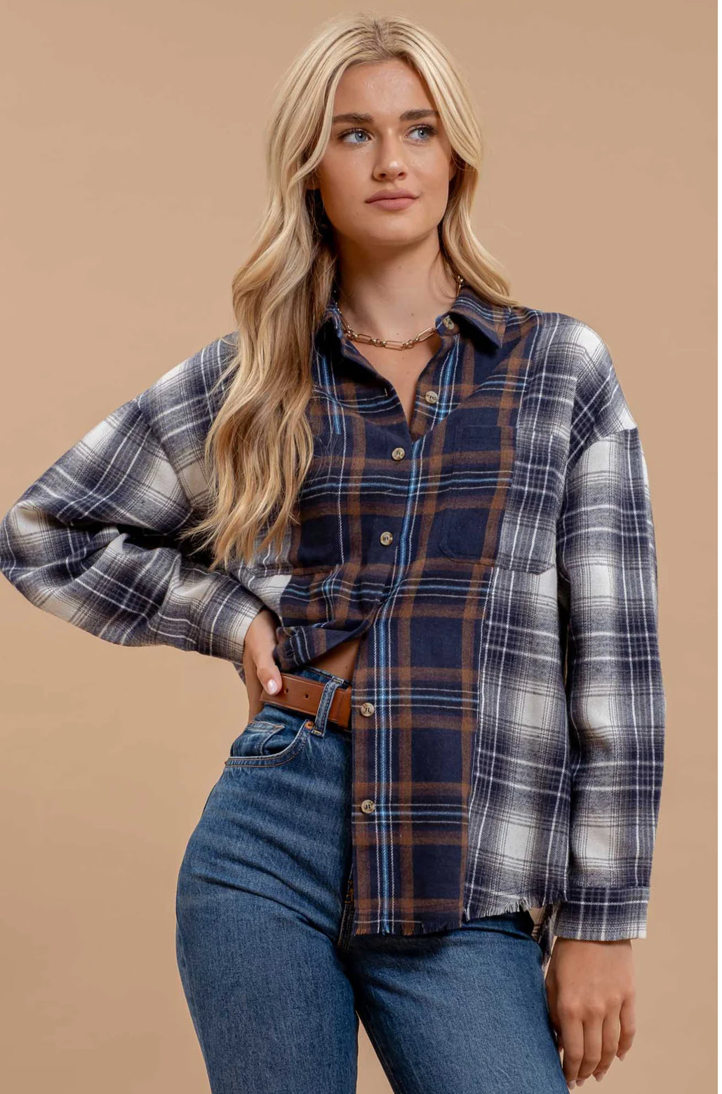 PLAID PATCHWORK BUTTON DOWN LONG SLEEVE SHIRT – Sofi Stella Women's &  Children's Boutique