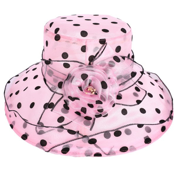Kentucky Derby Hat Ky Oaks Organza Feather Pink Polka Dot and Yellow Floral Hat Polka Dot Brim Organza Hat - Kentucky Derby Hat Collection  main image 2