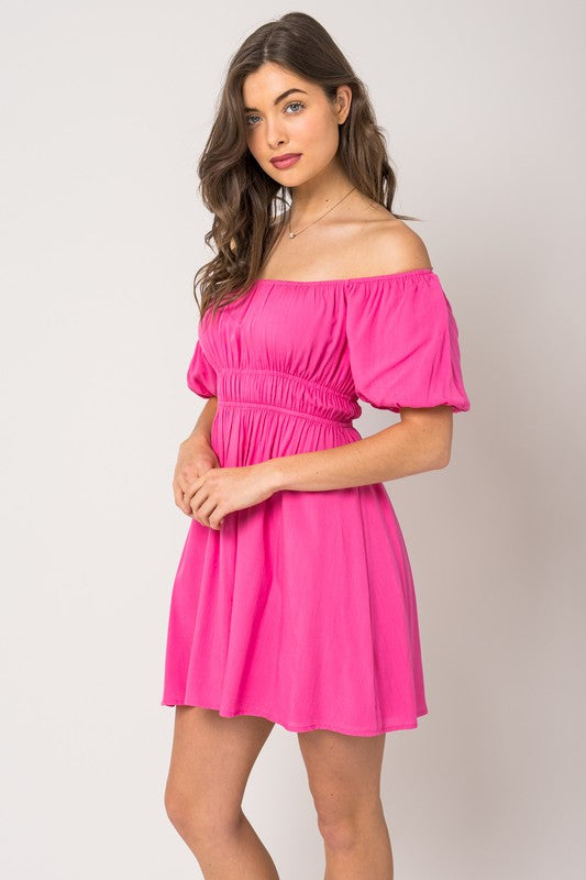 Magenta PUFF SLEEVE OFF SHOULDER DRESS – Sofi Stella Women's & Children's  Boutique