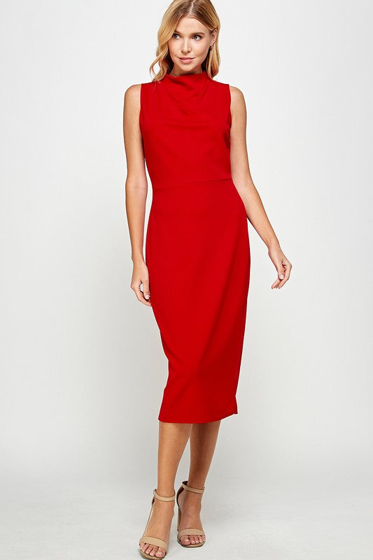 knee length dresses for ladies Long Sleeve Tuxedo Stretch Midi Dress in Midnight