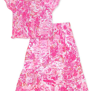 Pink Girl's 2 pc Skirt Set W/ Smocking & Ruffle Sleeve