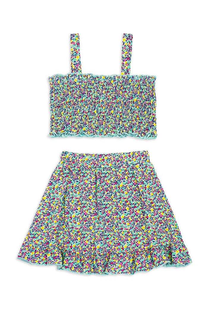 Multi color Girl's Floral 2pc Skirt Set W/ Smocking Tank Top