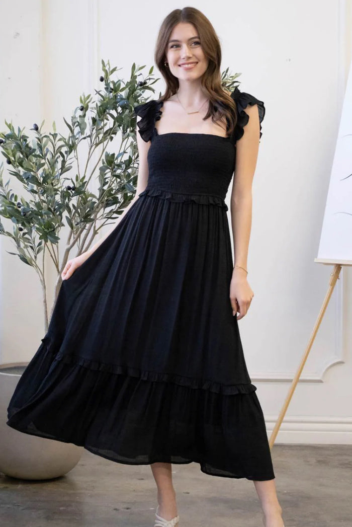 Black Flutter Sleeve Midi Dress