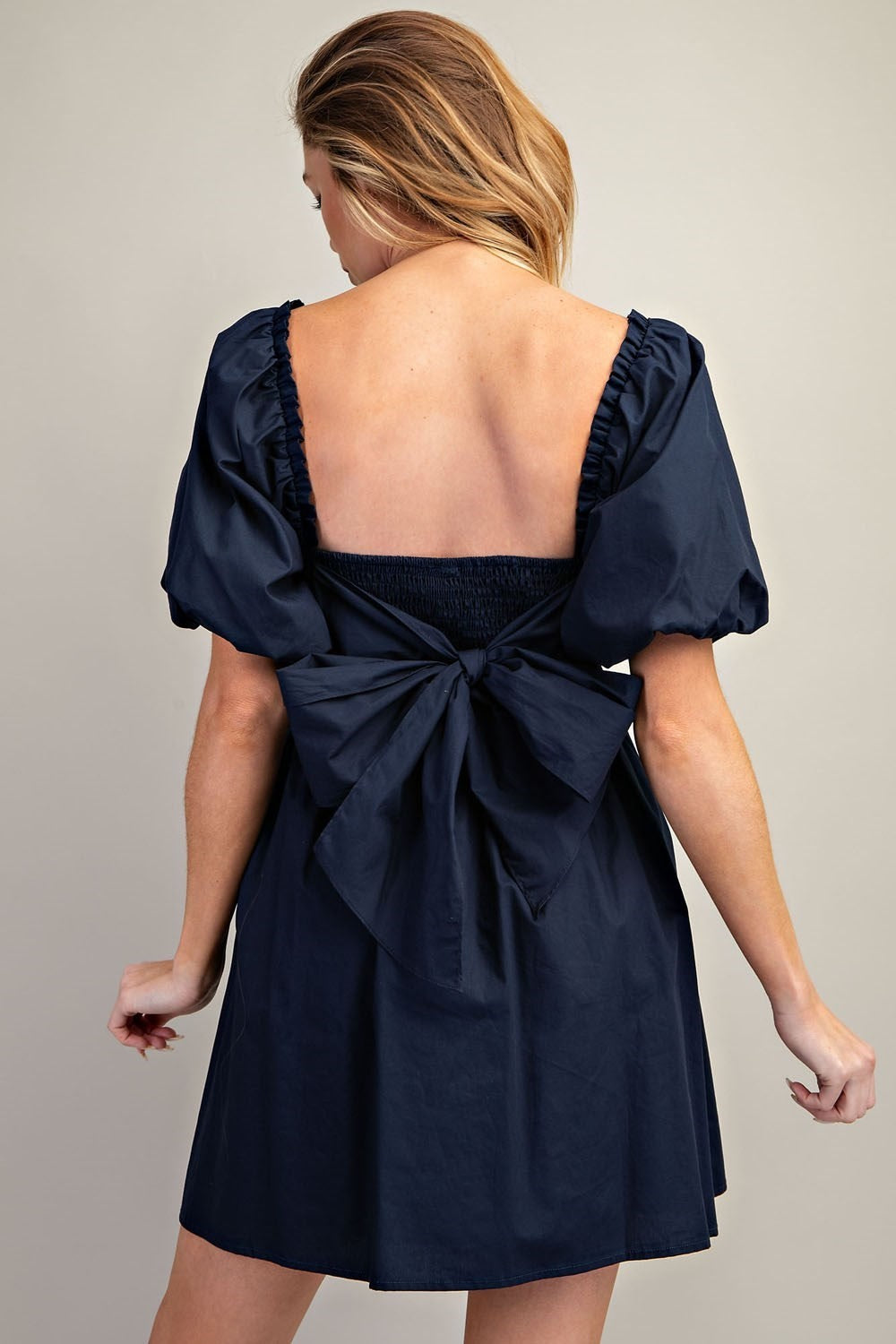 Navy Puff Sleeve Back Bow Mini Dress