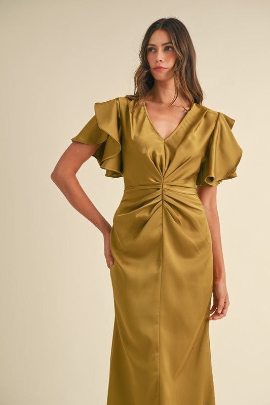 Mustard RUCHED WAIST V NECK SATIN MIDI DRESS Sofi Stella Women s Children s Boutique