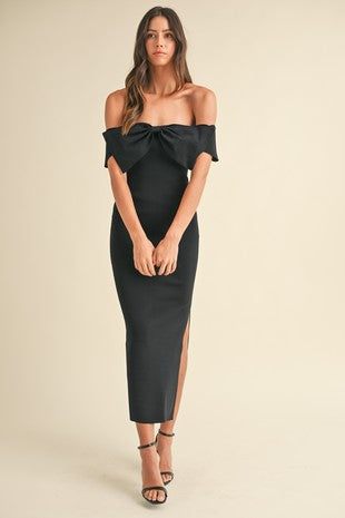 Black BOW DETAIL OFF SHOULDER KNIT DRESS Sofi Stella Women's & Children's Boutique Black BOW DETAIL OFF SHOULDER KNIT DRESS Sofi Stella Women's & Children's Boutique