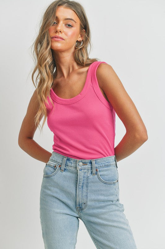 Hot Pink Scoop Neck Stretchy Rib Knit Tank Top