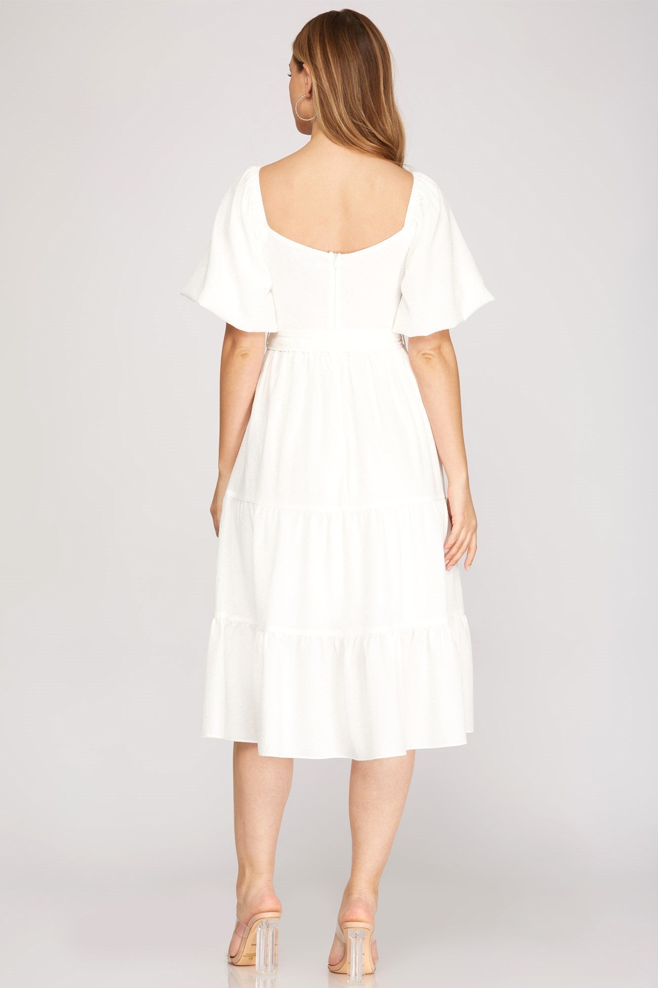 OFF WHITE SHORT BALLOON SLEEVE WRINKLED TEXTURED WOVEN MIDI TIERED DRESS