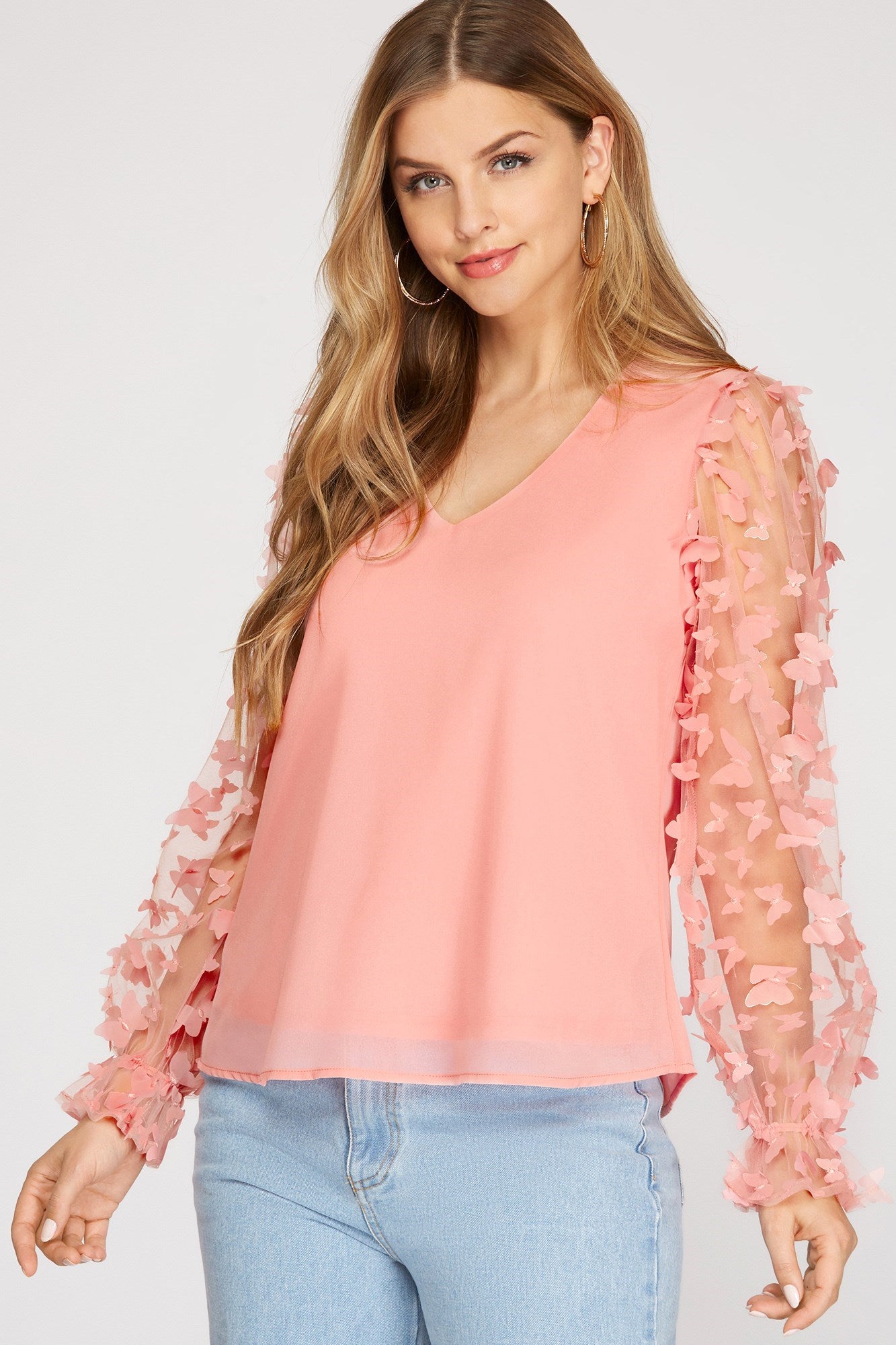 PINK 3D BUTTERFLY APPLIQUE MESH CONTRAST SLEEVE WOVEN TOP