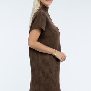 Mock Neck Short Sleeve Sweater Dress with Pocket