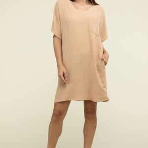 Woven Airflow V Neck T-Shirt Dress with Pockets