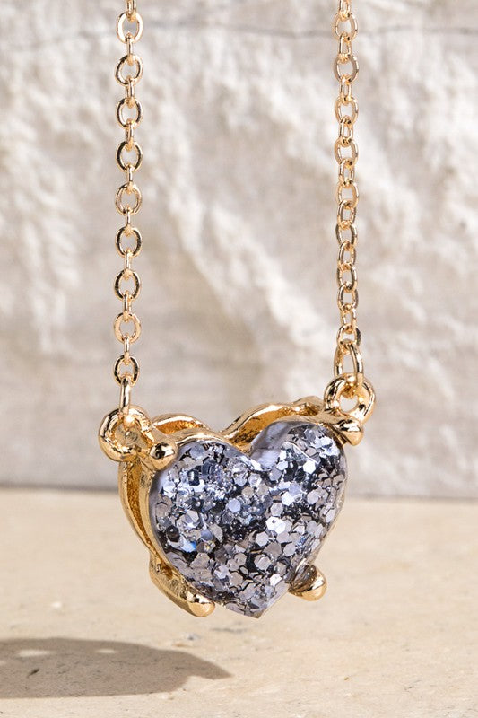 Glittery Acetate Heart Necklace, Gold or Silver