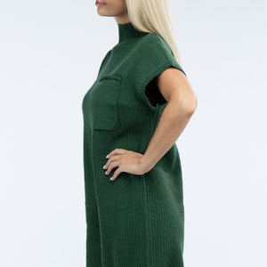 Mock Neck Short Sleeve Sweater Dress with Pocket