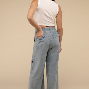 Washed Linen Elastic Band Waist Cargo Pants