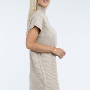 Mock Neck Short Sleeve Sweater Dress with Pocket