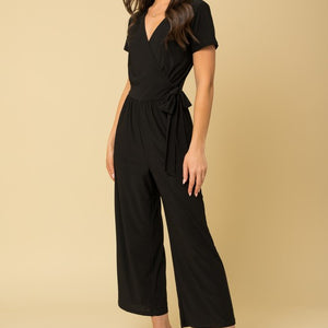 Solid Surplice Cropped Jumpsuit with Faux Wrap
