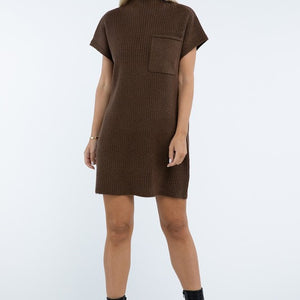 Mock Neck Short Sleeve Sweater Dress with Pocket