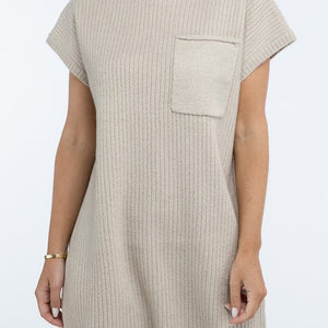 Mock Neck Short Sleeve Sweater Dress with Pocket