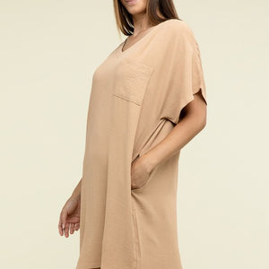 Woven Airflow V Neck T-Shirt Dress with Pockets