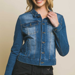 Distressed Button Up Stretchy Cotton Denim Jacket