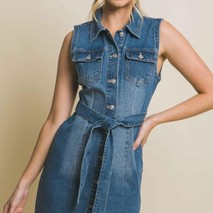 Denim Strapless Dress with Waist Tie