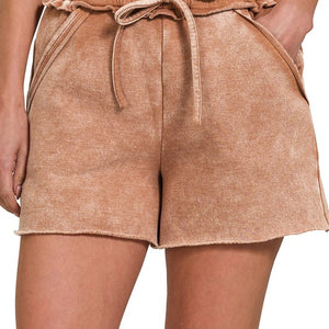 Acid Wash Fleece Drawstring Shorts with Pockets