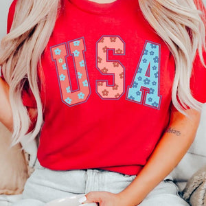 Floral USA 4th of July Graphic T Shirts