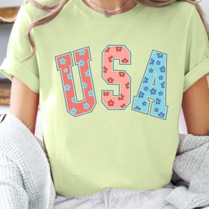 Floral USA 4th of July Graphic T Shirts