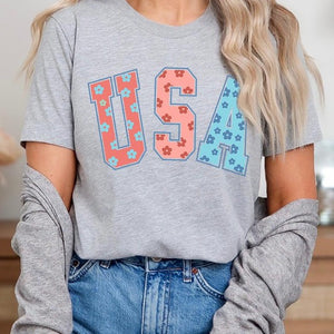 Floral USA 4th of July Graphic T Shirts