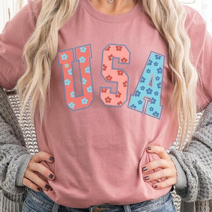 Floral USA 4th of July Graphic T Shirts