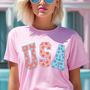 Floral USA 4th of July Graphic T Shirts