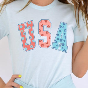 Floral USA 4th of July Graphic T Shirts