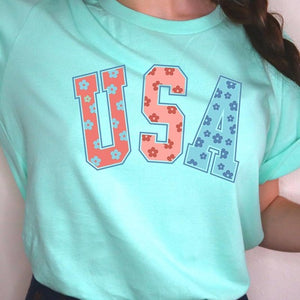 Floral USA 4th of July Graphic T Shirts