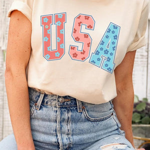 Floral USA 4th of July Graphic T Shirts