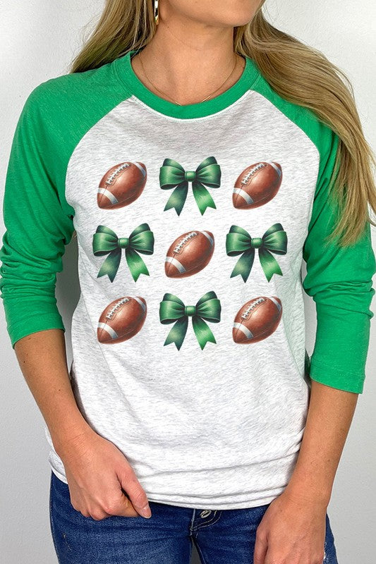 Game Day Football Bows Green Graphic Raglan