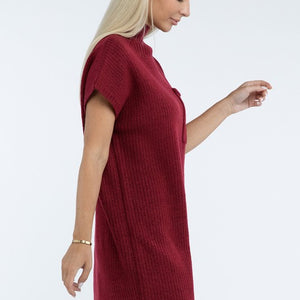 Mock Neck Short Sleeve Sweater Dress with Pocket